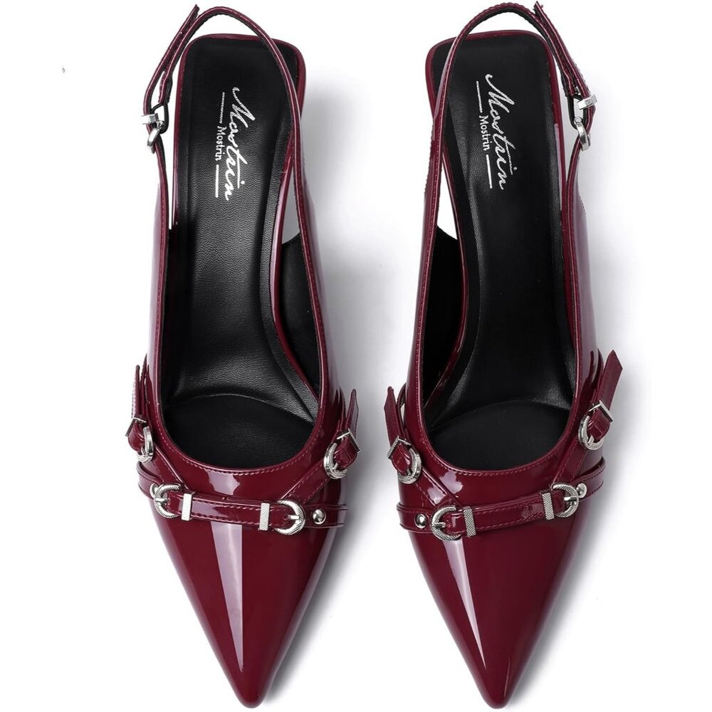 Kitten Heels for Women Pointed Toe Pumps Leather Low Heel Dating Party Working - Picture 4 of 8